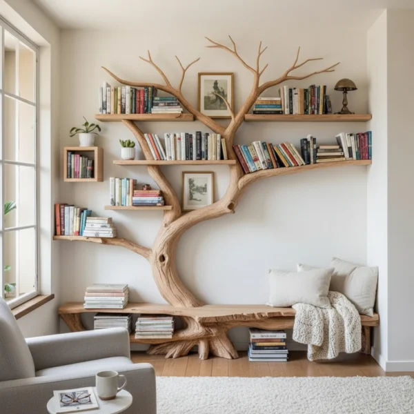 Handcrafted Tree Bookshelf with Integrated Reading Chair