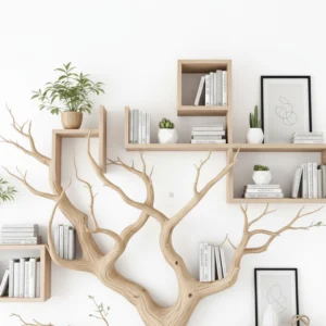 Handcrafted Tree Branch Bookshelf – Rustic Wooden Wall Decor2