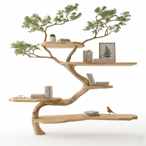 Handcrafted Tree Corner Bookcase Natural Wood