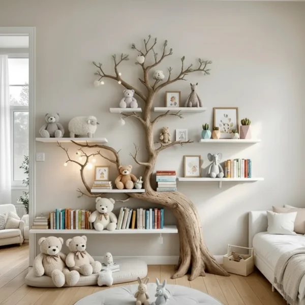 Handmade Tree-Shaped Bookshelf - Natural Wood Wall Display for Kids' Rooms & Classrooms