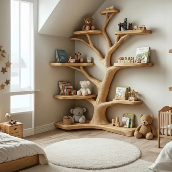 Tree-Shaped Wooden Shelf - Handcrafted Wall Art & Bookshelf