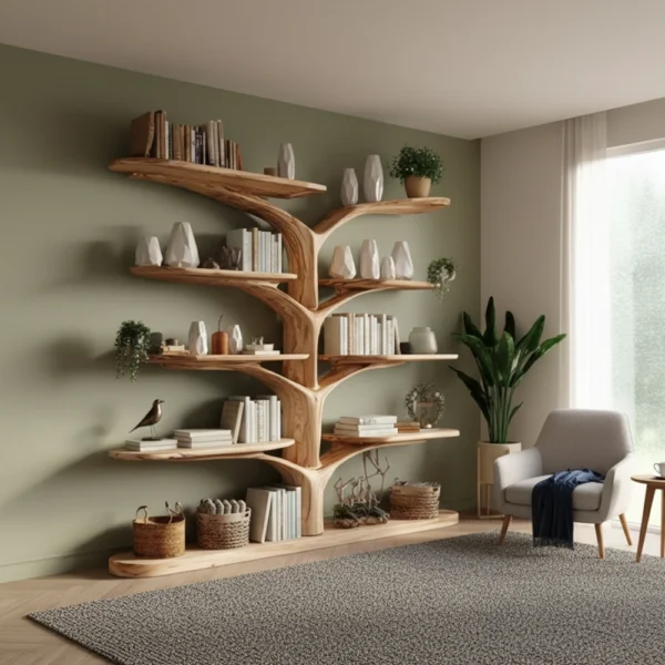 Tree-Shaped Wooden Shelf - Multi-Level Montessori Bookcase