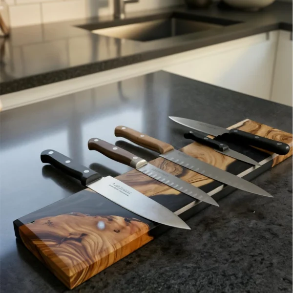 The Olive River – Artisan Handmade Olive Wood & Epoxy Magnetic Knife Holder