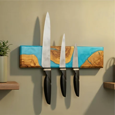 The Olive River – Artisan Handmade Olive Wood & Epoxy Magnetic Knife Holder