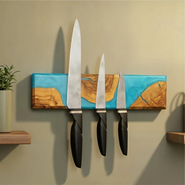 The Olive River – Artisan Handmade Olive Wood & Epoxy Magnetic Knife Holder