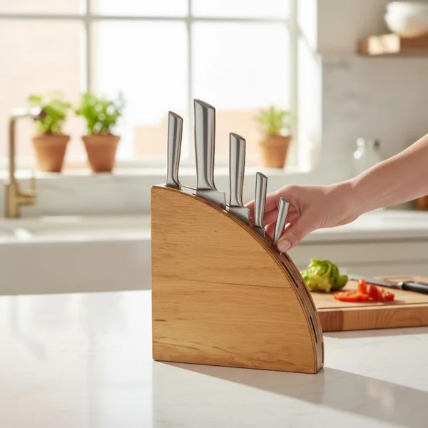 The Radiant Arc – Handmade Solid Wood Fan-Line Knife Block